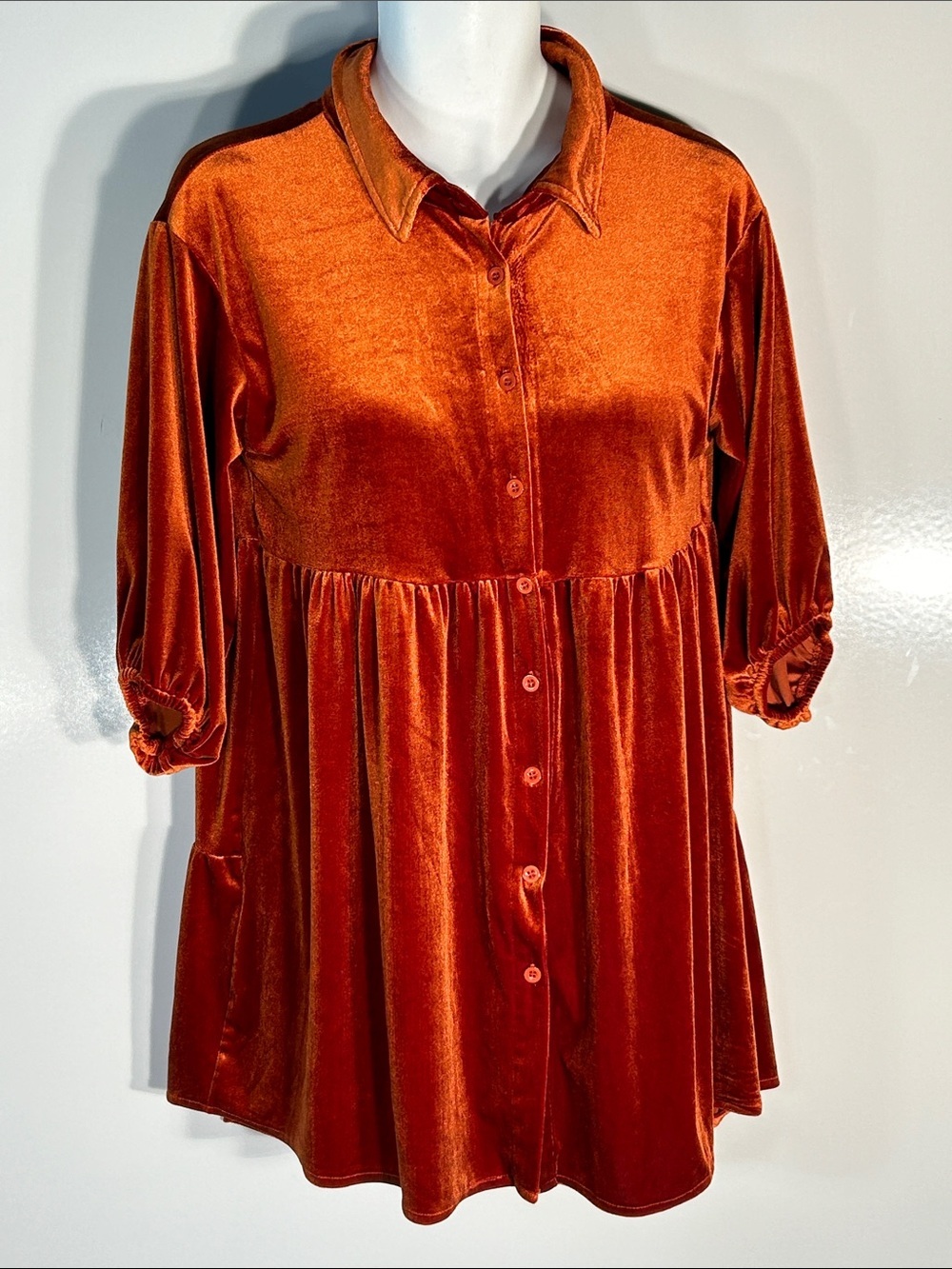 Rust SZ M Velvet Button-Front Babydoll Dress Boho Southwestern Comfy Flowy